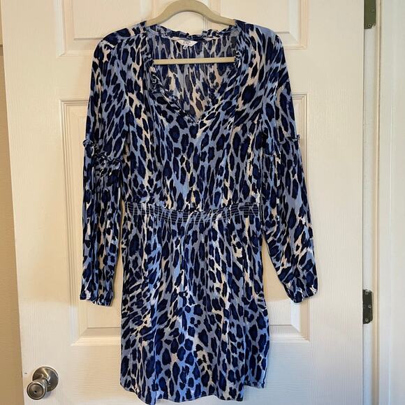 Crown & Ivy Long Sleeve Ruffle Neck Peasant Dress Animal Print Blue Sz M - Picture 1 of 13